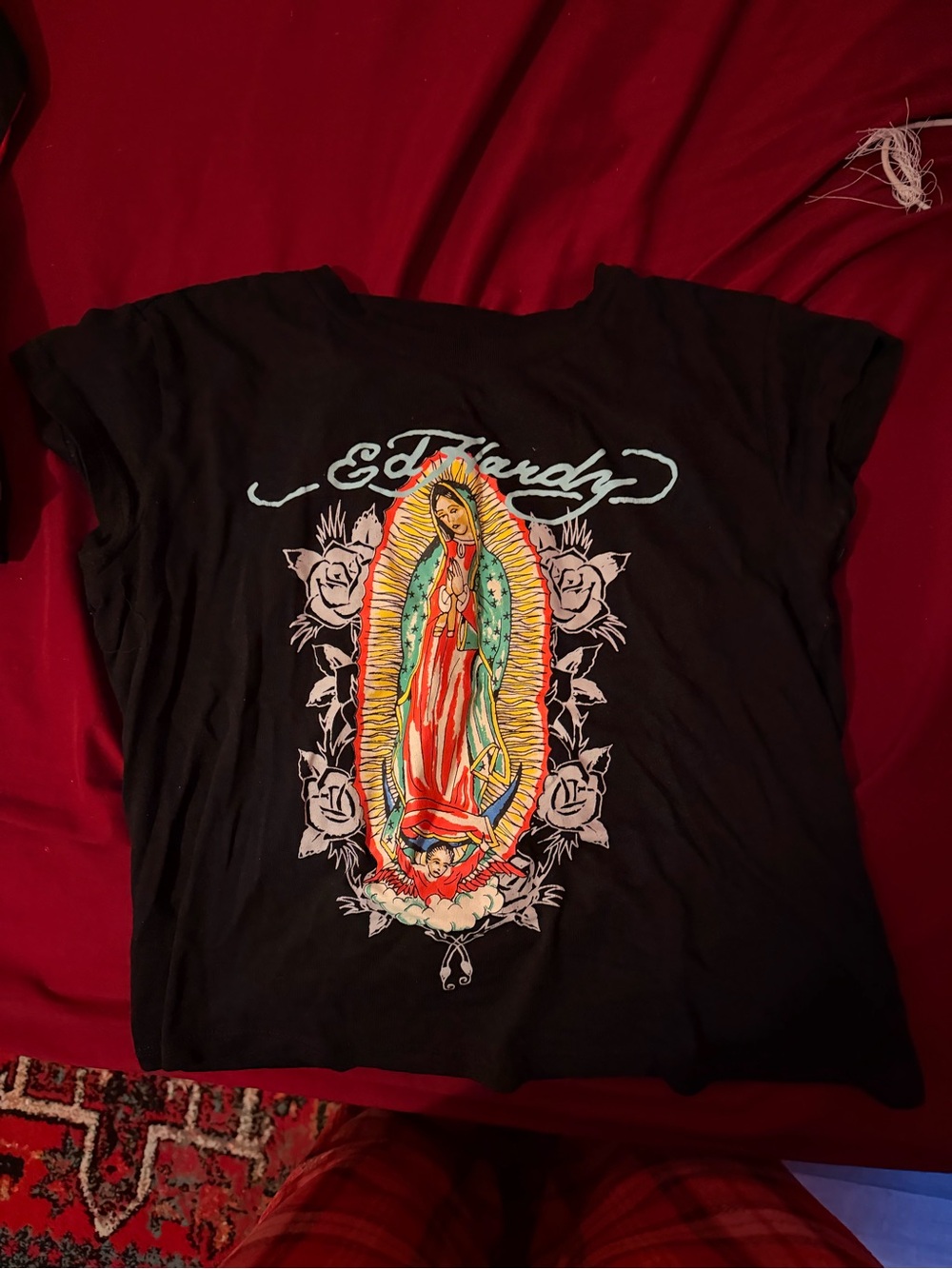 Ed Hardy Black Crop Top with Colorful Virgin Mary Graphic